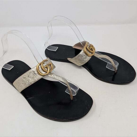 Gucci Marmont gold Thong Sandals Size 39.5 GG Logo Monogram flats